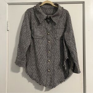 Black and White Tweed Shacket shirt jacket gold pearl button up large Hi Cut